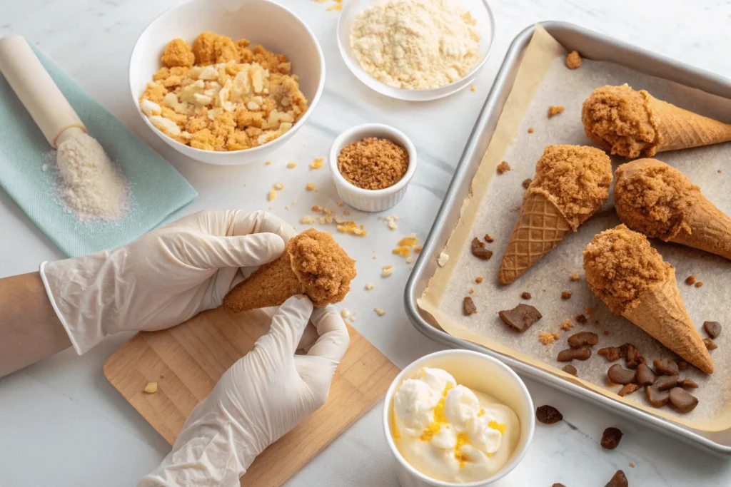 Hands shaping ice cream into drumstick forms with bowls of crushed cereal and melted white chocolate in a kitchen setting.