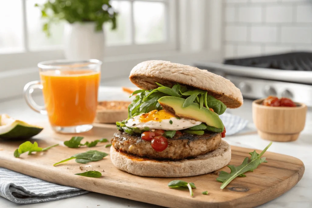 A creative twist on a Jimmy Dean breakfast sandwich with avocado, sriracha, and turkey sausage