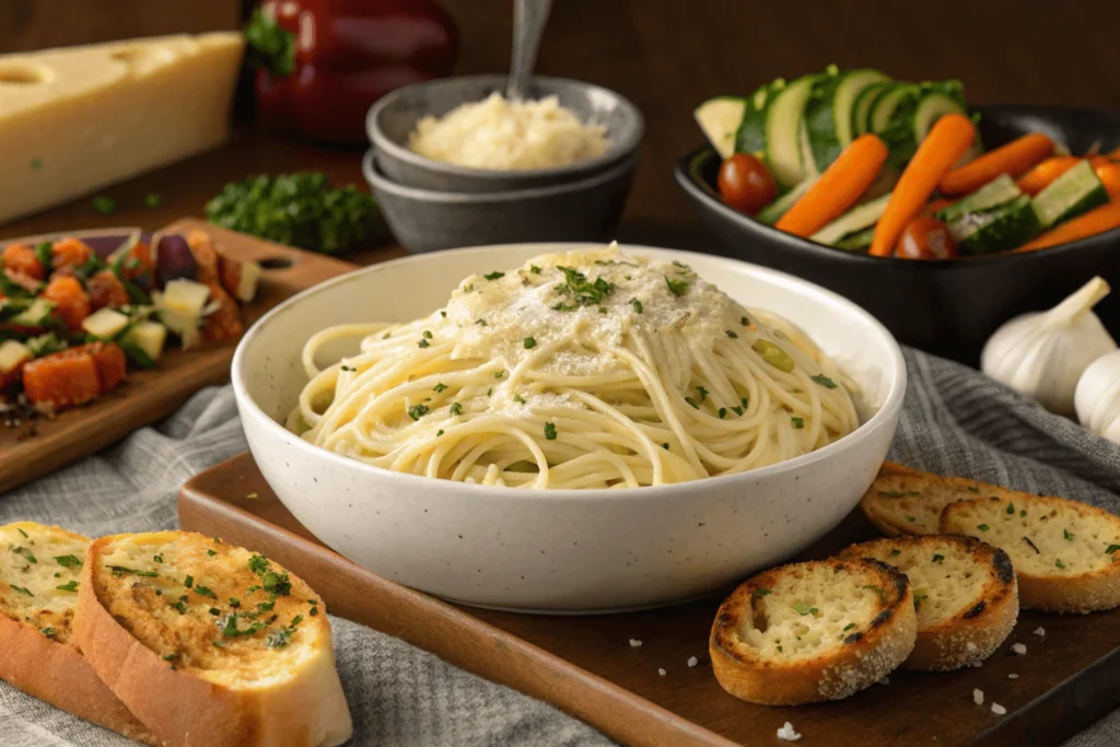 Large spread of Alfredo spaghetti with sides including garlic bread and roasted vegetables