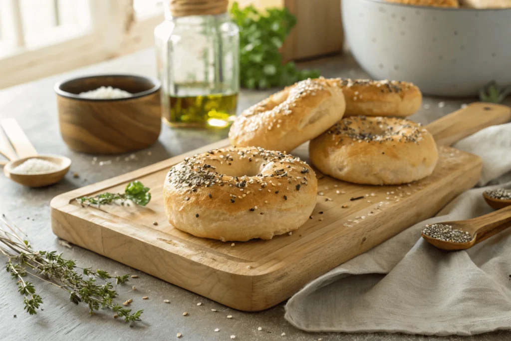 Golden and soft gluten-free bagels with sesame and poppy seeds on a wooden board.