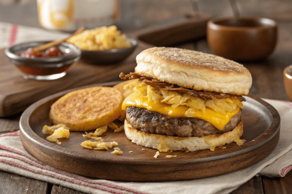 A freshly made Jimmy Dean breakfast sandwich with sausage, egg, and cheddar cheese, cut in half to reveal the layers.