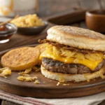 A freshly made Jimmy Dean breakfast sandwich with sausage, egg, and cheddar cheese, cut in half to reveal the layers.