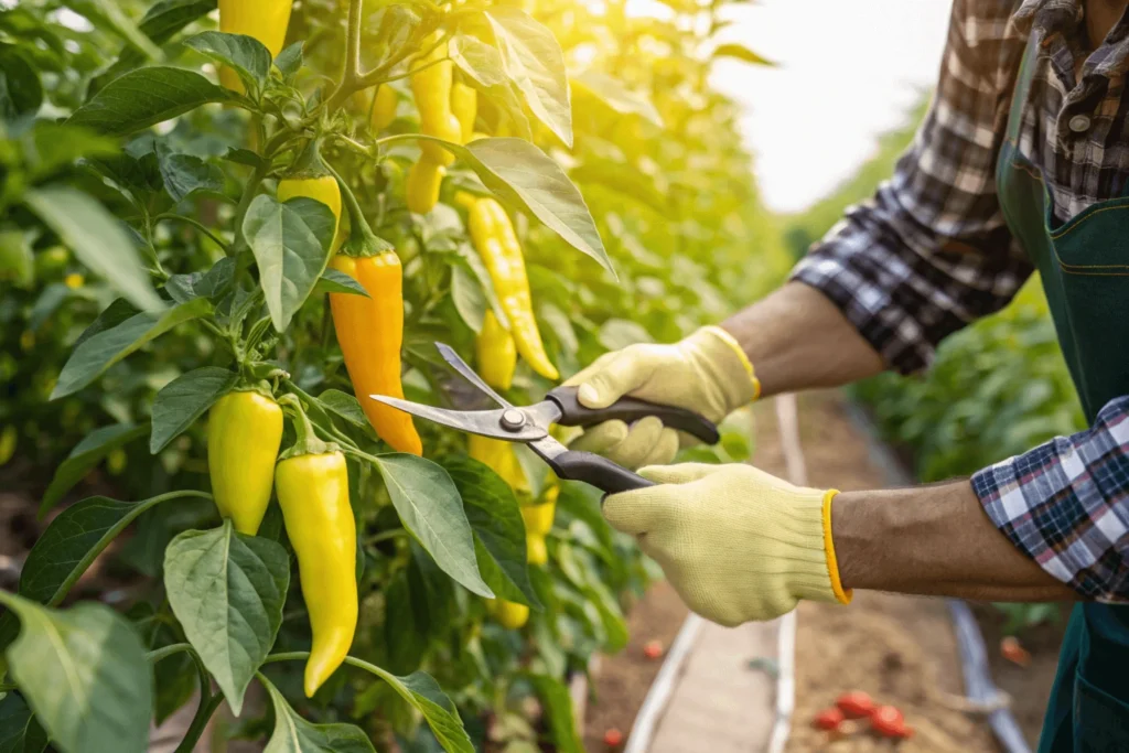 Gardener harvesting ripe banana peppers from the plant.