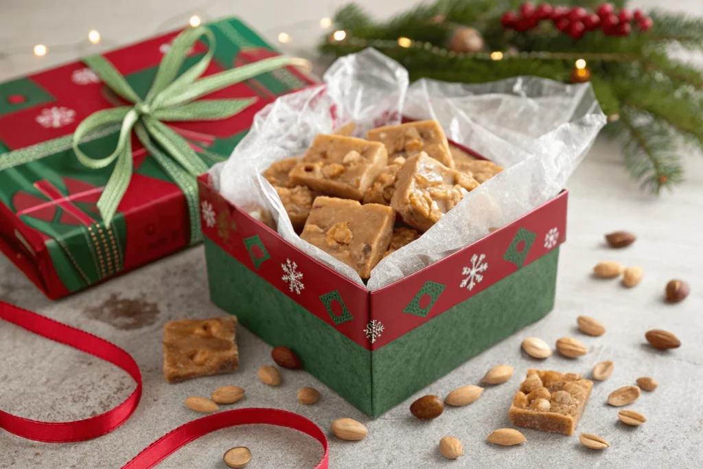 A gift box filled with homemade peanut brittle wrapped in festive cellophane.