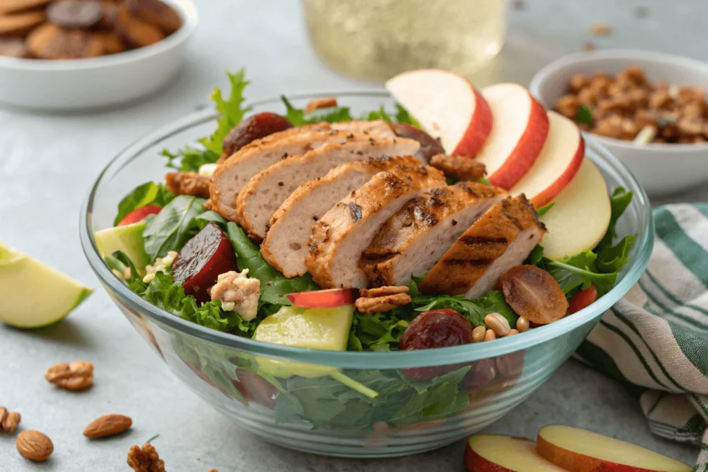 A healthy salad with grilled chicken apple sausage, mixed greens, apple slices, nuts, and vinaigrette dressing.