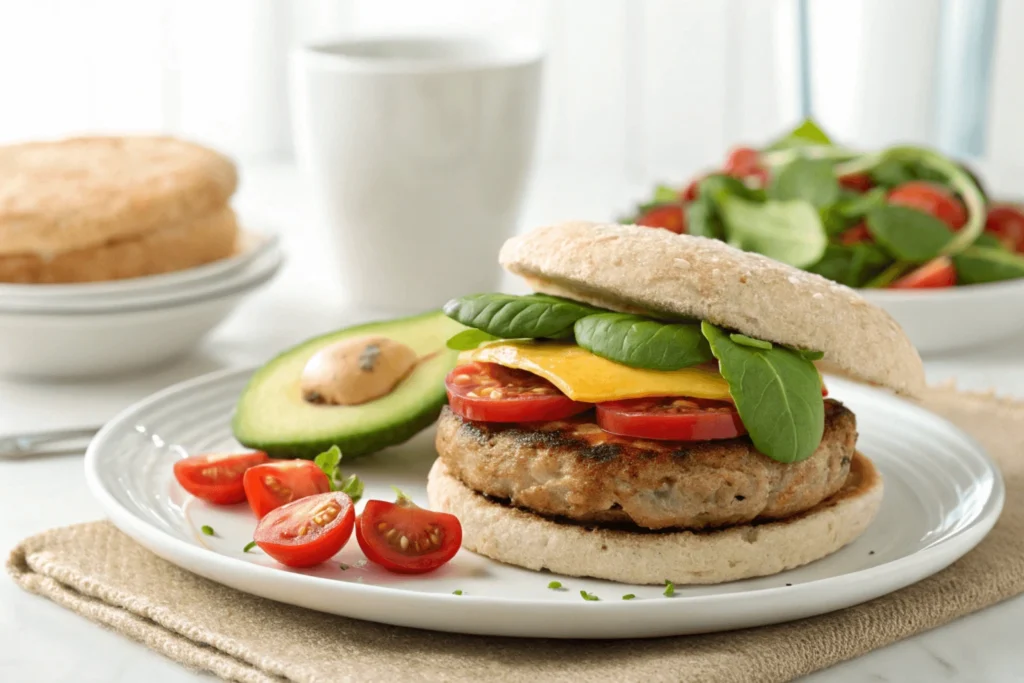 A healthy Jimmy Dean breakfast sandwich with turkey sausage, spinach, tomato, avocado, and whole-grain muffin.