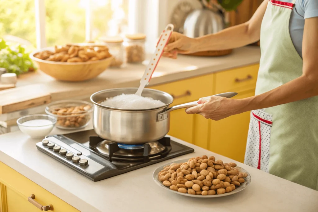Person stirring peanuts and sugar syrup while making peanut brittle in the kitchen.