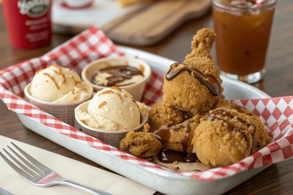 Fried chicken ice cream displayed on a white plate with a pastel background,