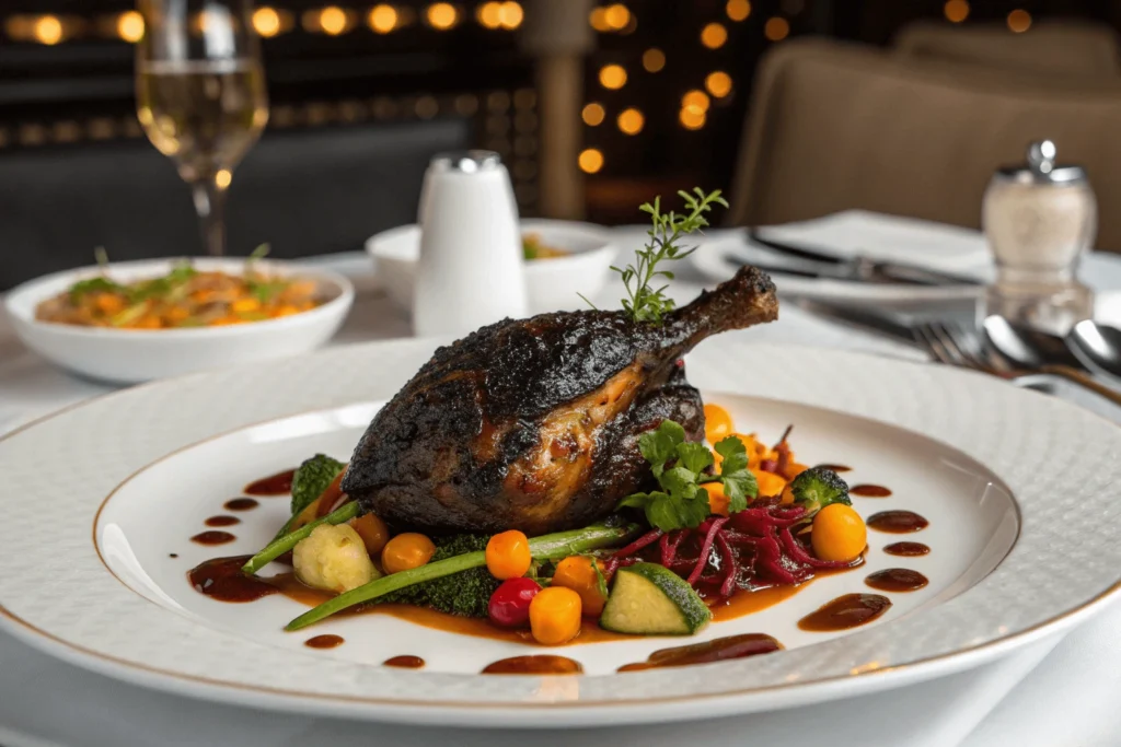 Elegant black chicken dish served with vegetables and sauce on a white plate.