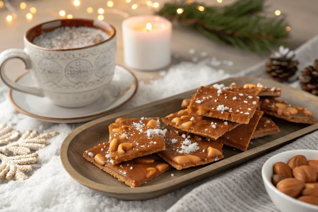 Peanut brittle served on a platter with a cup of hot chocolate.