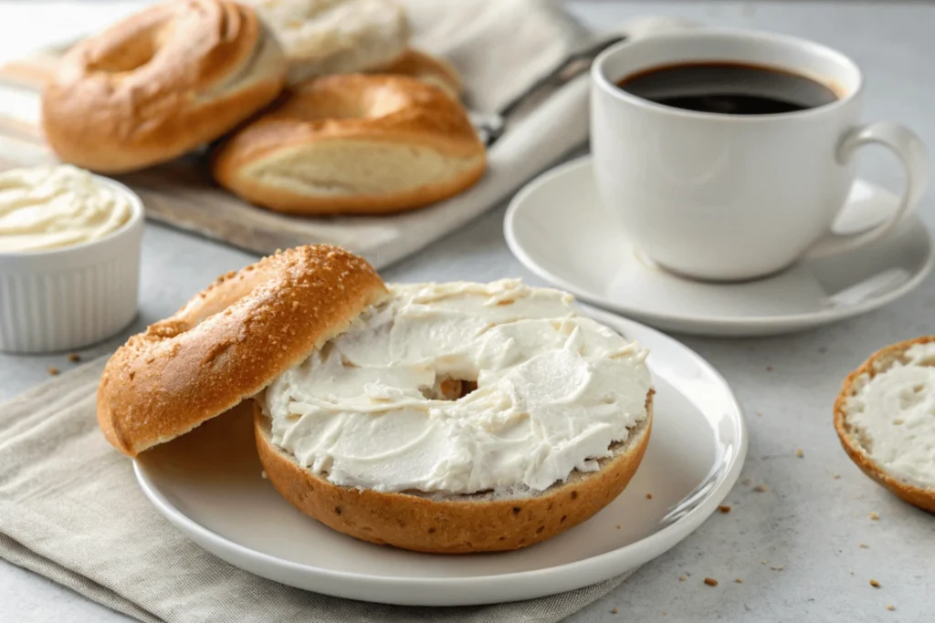 Sliced gluten-free bagel with cream cheese spread, coffee on the side.