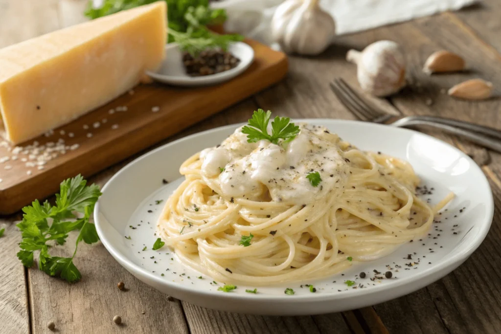 Freshly made Alfredo spaghetti on wooden table with visible Parmesan cheese block and garlic cloves