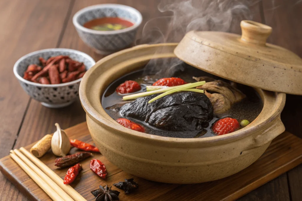 Black chicken herbal soup with red dates and ginseng in a rustic clay pot.