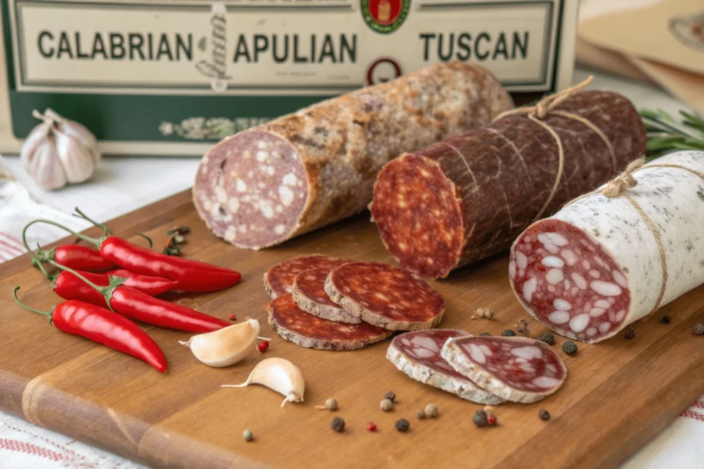 Different types of soppressata, including Calabrian, Apulian, and Tuscan, displayed on a wooden surface with labels.