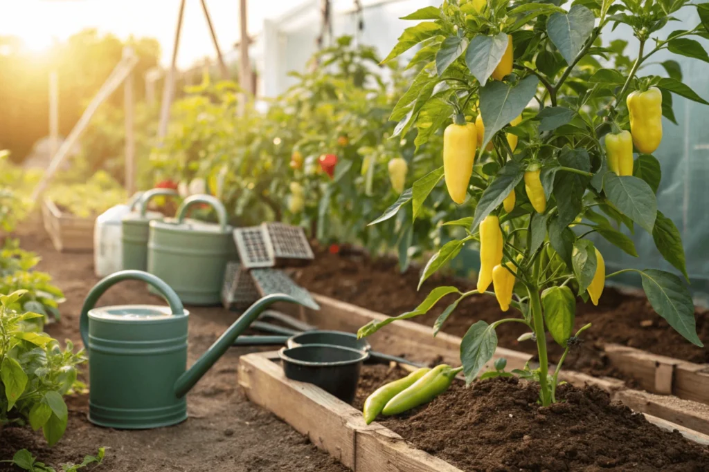 Banana pepper plants growing in a home garden with ripe peppers on the stems.