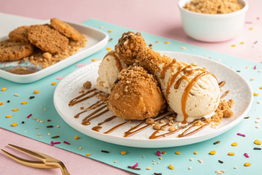 Fried chicken ice cream drumsticks served on a tray with checkered paper, paired with caramel and chocolate dipping sauces.