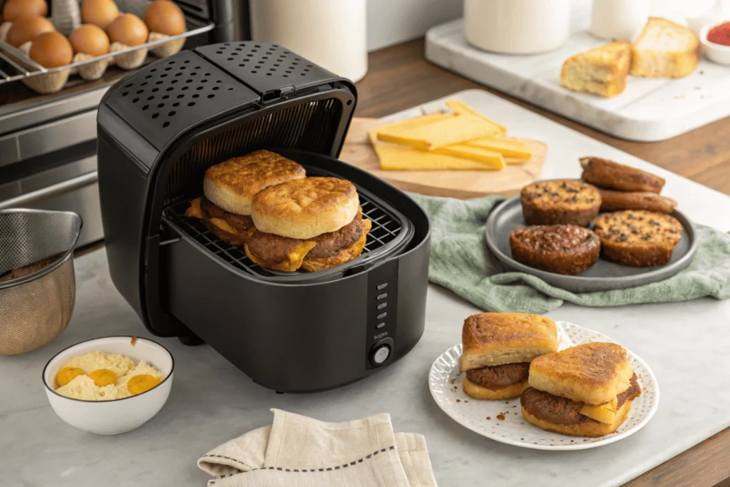 A Jimmy Dean breakfast sandwich being cooked in an air fryer basket, golden and crispy.