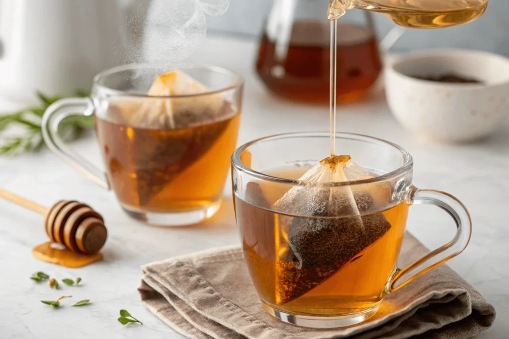 Two tea bags steeping in clear glass with honey being drizzled in, steam visible rising from hot water