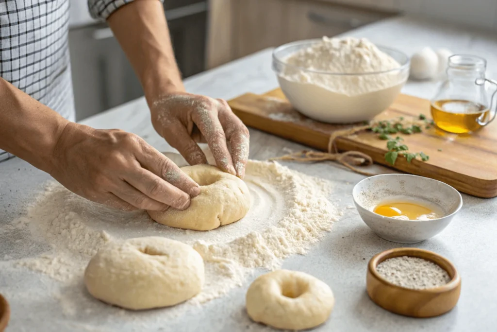 Hands shaping soft gluten-free bagel dough on a kitchen countertop.