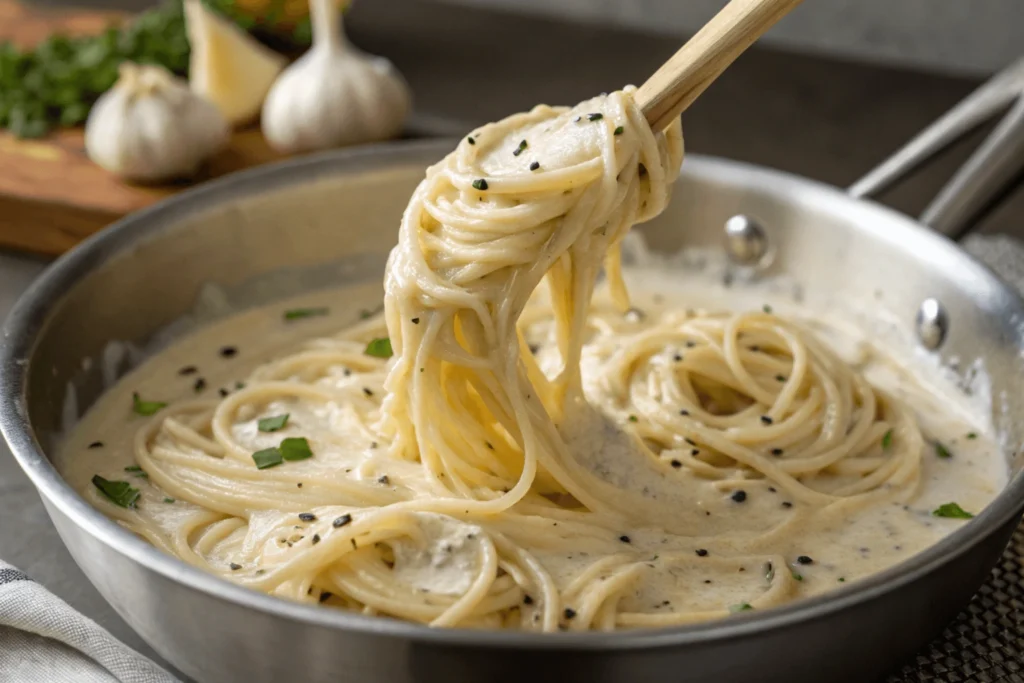 Close-up of creamy Alfredo sauce being stirred into spaghetti in a steel pan