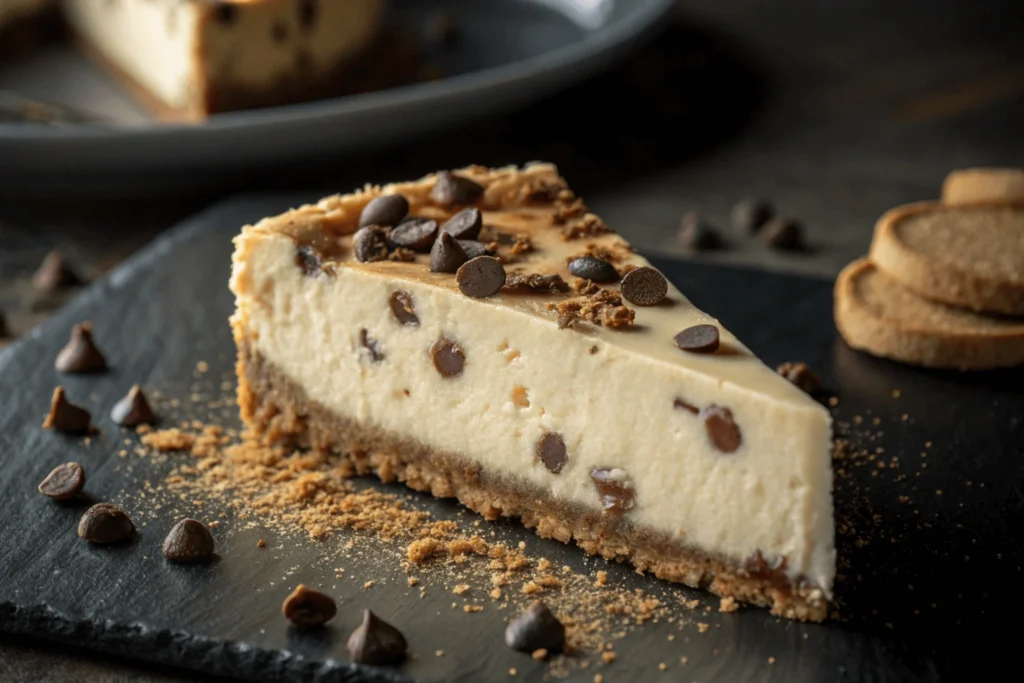 Extreme close-up of creamy cheesecake texture showing melted chocolate chips and graham cracker crust