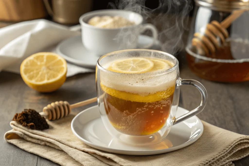 Completed Medicine Ball tea in clear glass showing layered effect with lemon slice garnish and visible steam