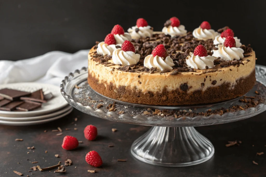 Whole chocolate chip cheesecake on crystal stand decorated with whipped cream, chocolate shavings, and fresh raspberries