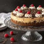 Whole chocolate chip cheesecake on crystal stand decorated with whipped cream, chocolate shavings, and fresh raspberries