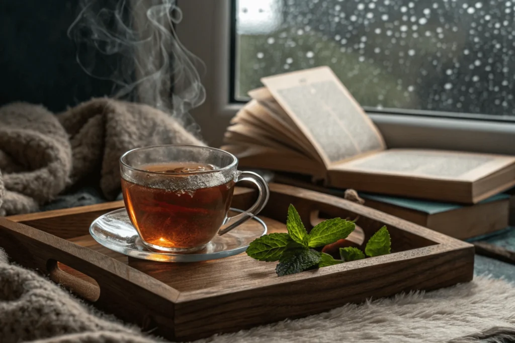 Starbucks Medicine Ball tea on wooden tray beside window with rain, accompanied by blanket and book