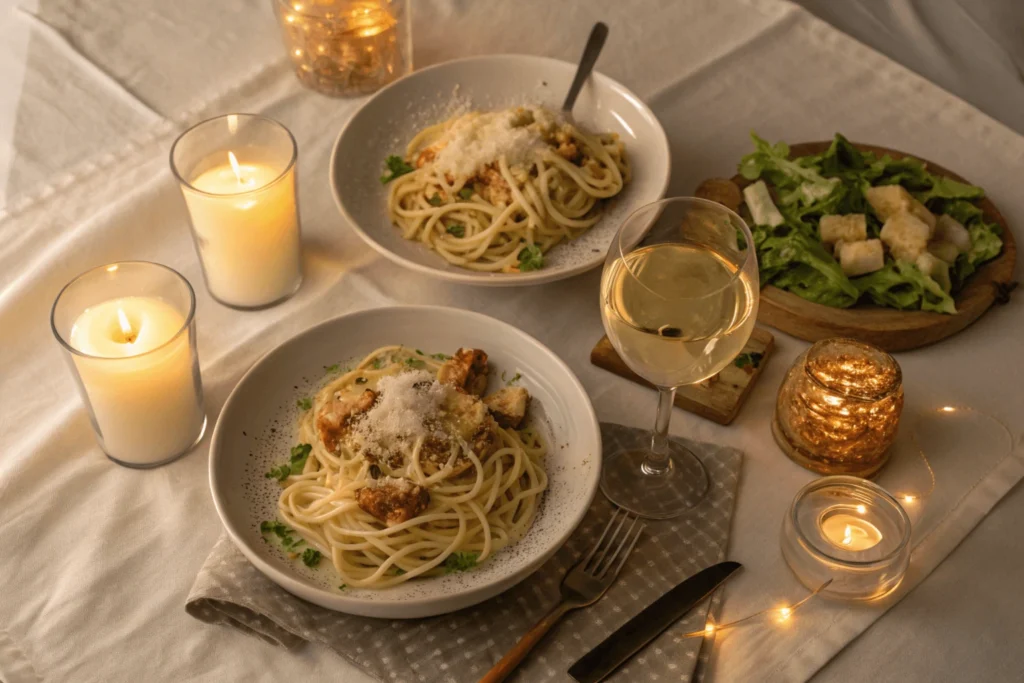 Overhead view of romantic table setting with two plates of Alfredo spaghetti, candles,