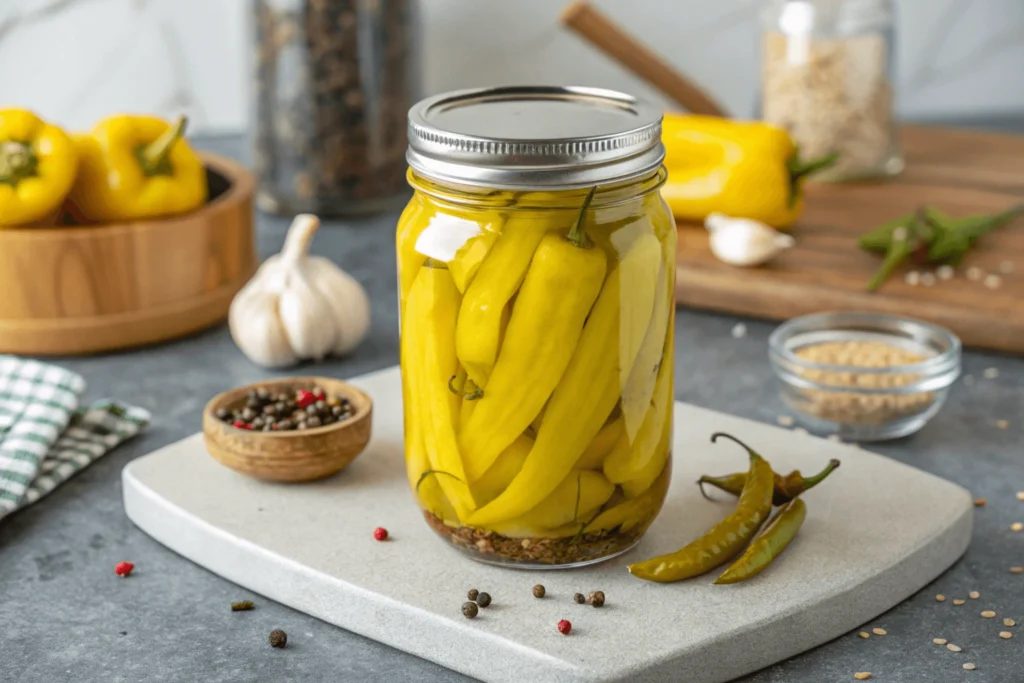 Jar of pickled banana peppers with garlic and spices.