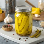 Jar of pickled banana peppers with garlic and spices.