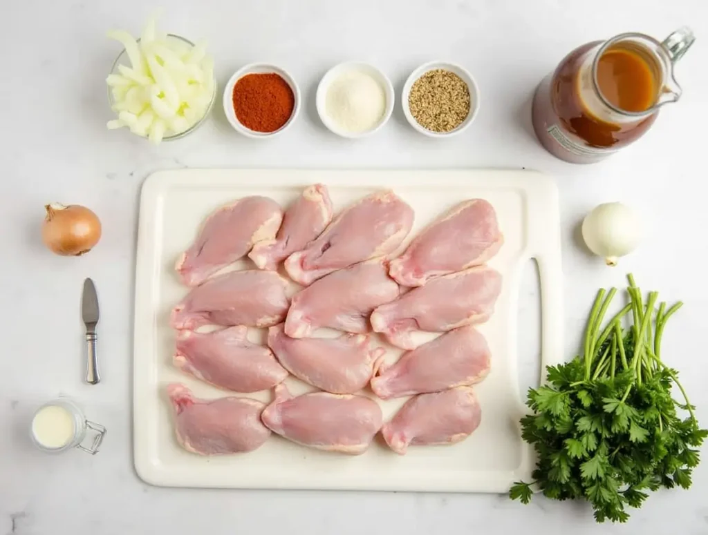 raw turkey wings arranged on a cutting board surrounded by key ingredients like onions garlic seaso 9ctz5uza8t0uinuotgvv 0