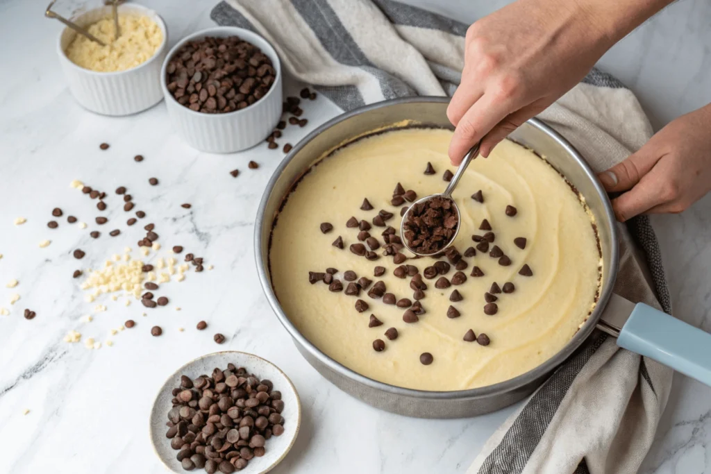 Overhead view of hands sprinkling chocolate chips onto cheesecake batter in a springform pan