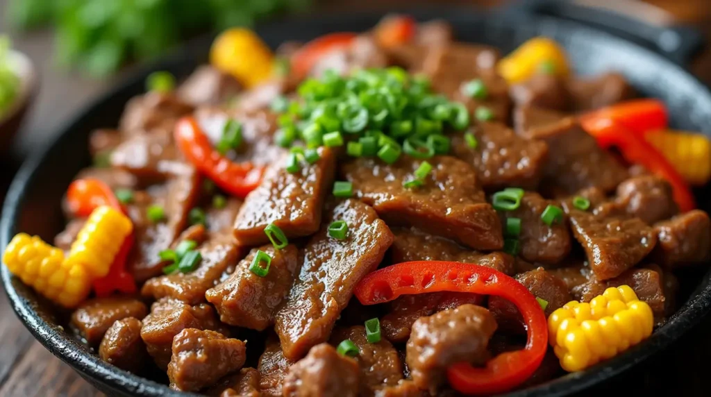 Pepper Lunch sizzling in a cast-iron skillet with garlic butter, beef, and rice.