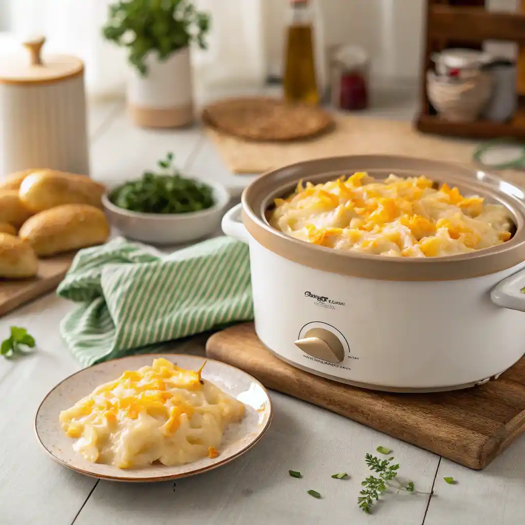 Crockpot Cheesy Potatoes 5 Close-up of hot, bubbling slow cooker cheesy potato casserole topped with melted golden cheddar cheese and green chives, served in a white dis
