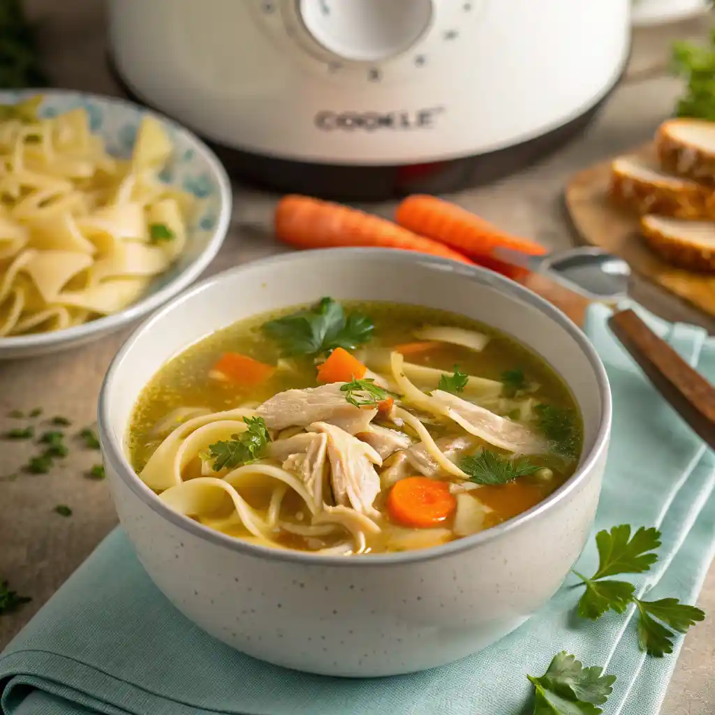 Bowl of homemade crockpot chicken noodle soup with tender chicken, vegetables, and egg noodles in golden broth