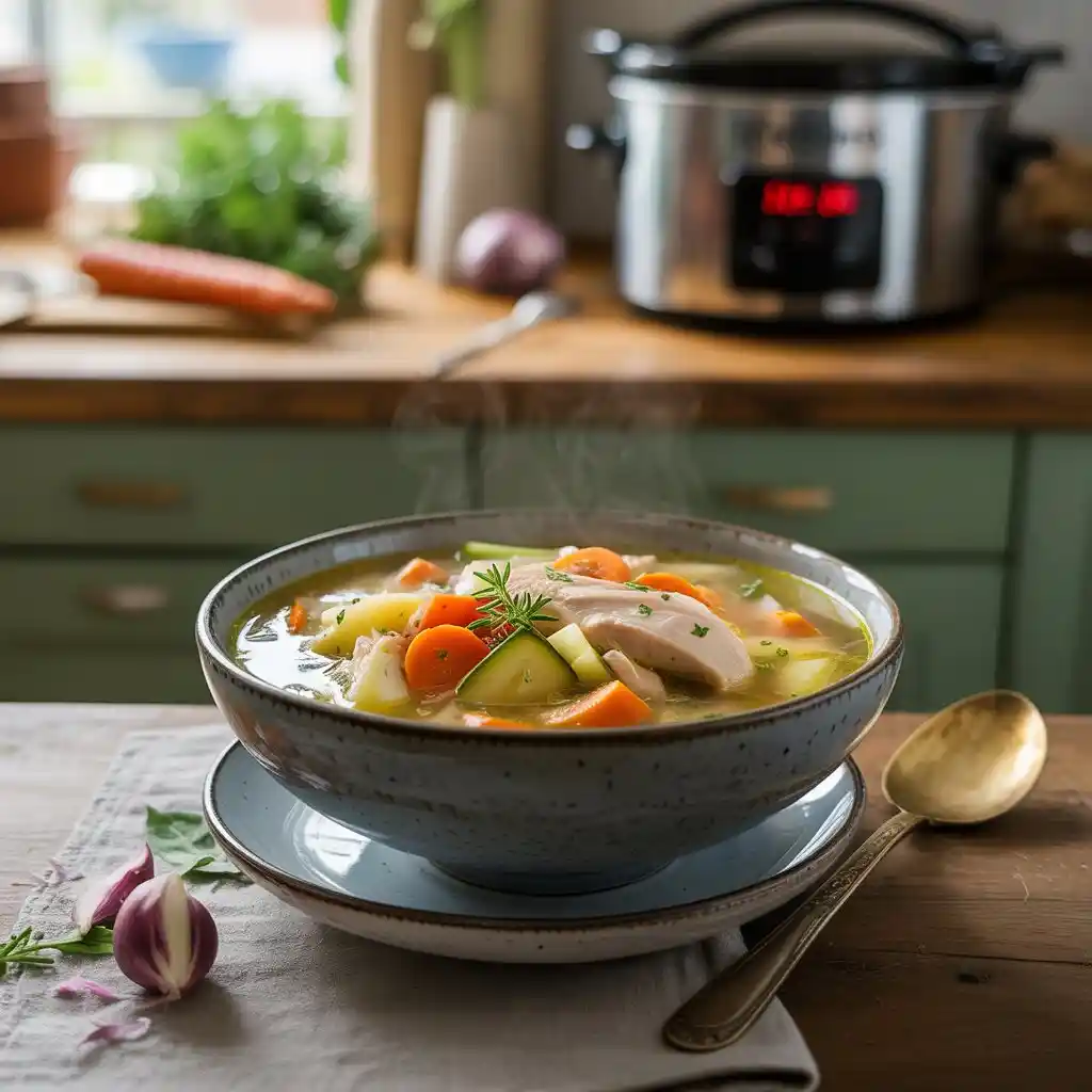 Healthy crockpot recipes with fresh vegetables and lean proteins on kitchen counter