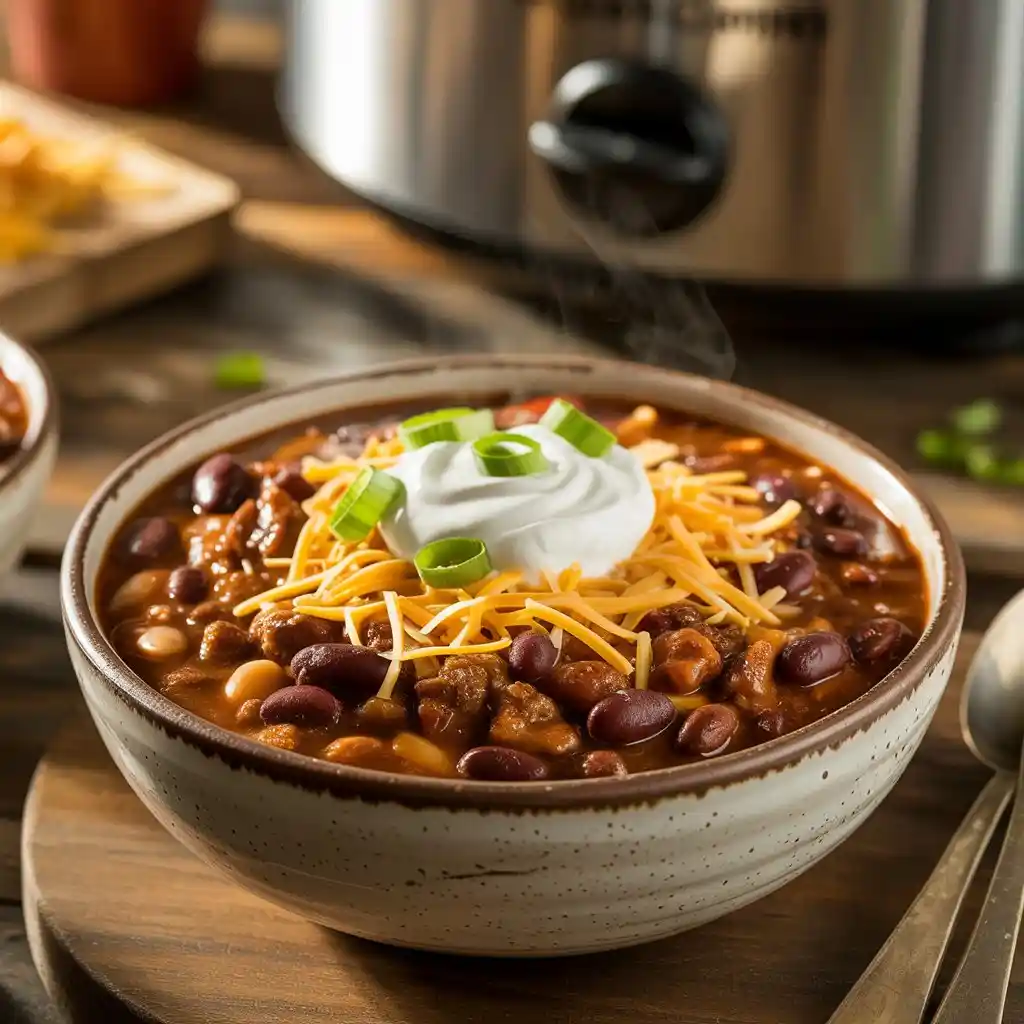 Bowl of hearty chili recipe crockpot with toppings of shredded cheese, sour cream, and green onions on wooden table