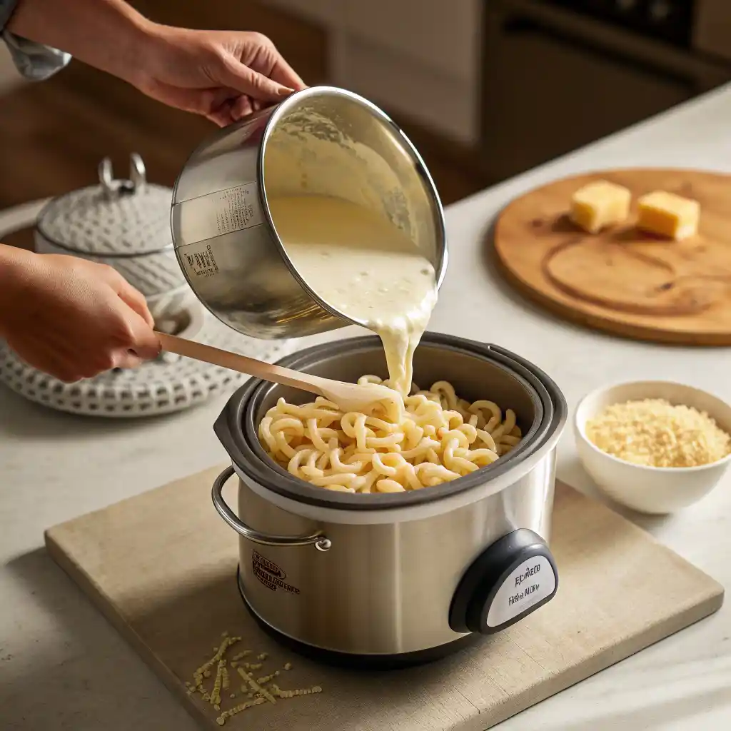 Crockpot Mac and Cheese 5 Pouring cheese sauce over pasta in slow cooker for crockpot mac and cheese